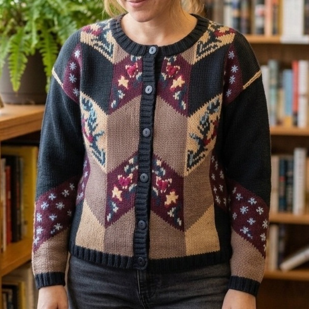 Paul Harris Design Vintage Floral Intarsia Cardigan Black Burgundy S Cottagecore